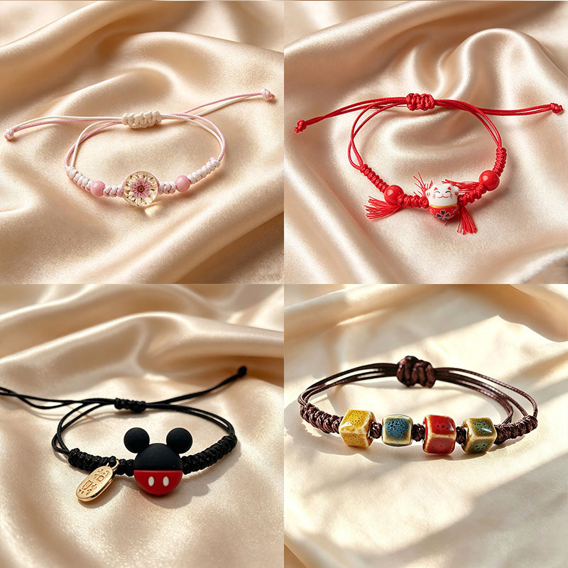 Various styles of woven bracelets, eternal flowers, lucky cat cartoon ceramic square bead hand ropes, women's small accessories wholesale supply