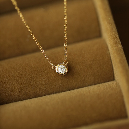 S925 sterling silver plated 14K gold single diamond necklace women's bubble diamond clavicle chain Japanese simple ins style high-end pendant