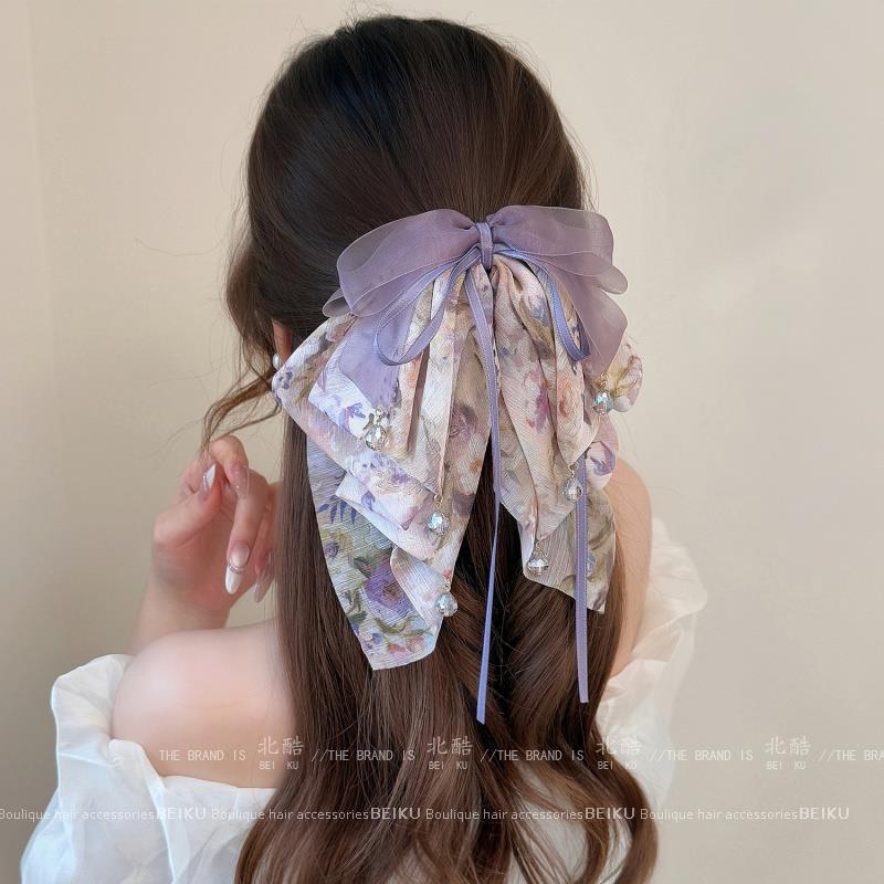 スーパーフェアリー多層花柄リボンポニーテールクリップパープルエレガントシフォンヘアクリップ多用途ファッショナブルなサメクリップ|undefined