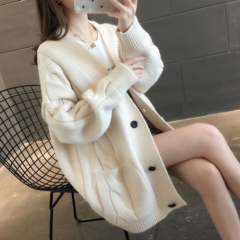 纯色简约气质百搭毛衣女外套秋冬季女装韩版宽松显瘦加厚针织开衫|undefined