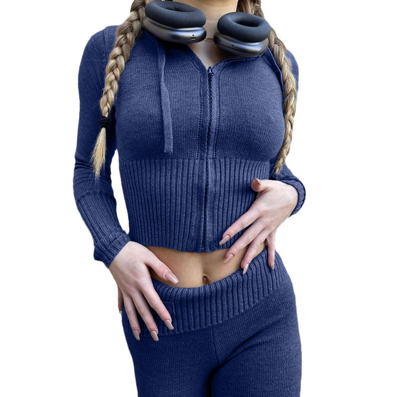 Strick Set Mit Kapuze Langarm Und High Waist Hose Für Damen_voghion.com