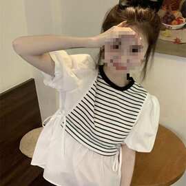 夏季新款时尚条纹拼接泡泡短袖正肩衬衫女设计感小众法式别致上衣
