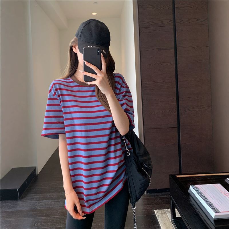 Lazy Style! Oversized Boyfriend-Style Loose Slimming Large T-Shirt Top with Stripes, Short-Sleeved for Women, New for Summer 26