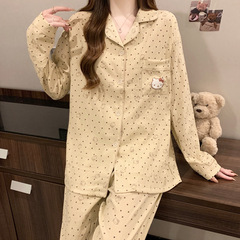 韓国版水玉模様の子猫クラウド綿パジャマ秋の女性の長袖メイラード漫画学生ホーム服セット卸売