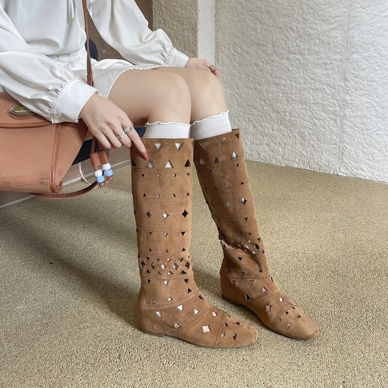 In Stock for Immediate Delivery~ Bohemian Style Niche Design Hidden Heel High-Heeled Boots Women's Cut-Out Long Boots