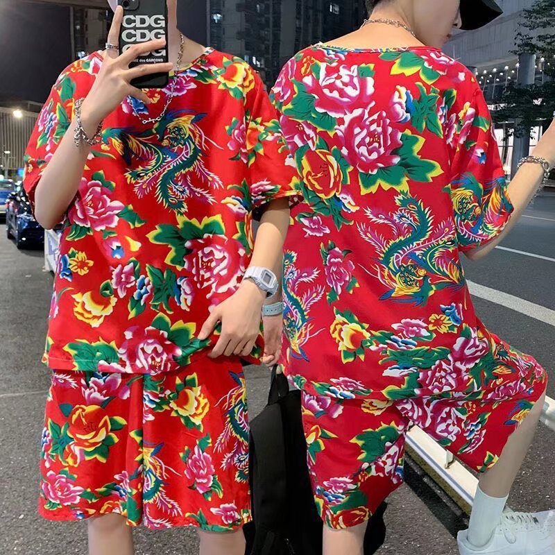 New Northeastern style plus-size short-sleeved and shorts set for couples, Chinese style loose and casual.