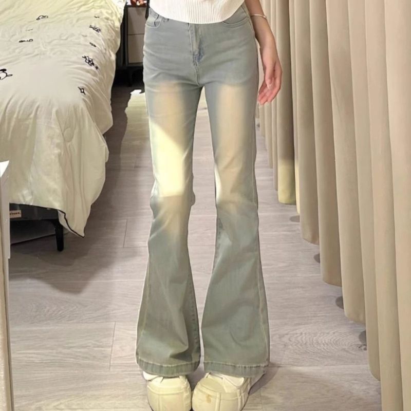 水洗美式做旧微喇叭牛仔裤女2025秋冬新款高腰显瘦弹力辣妹马蹄裤|undefined