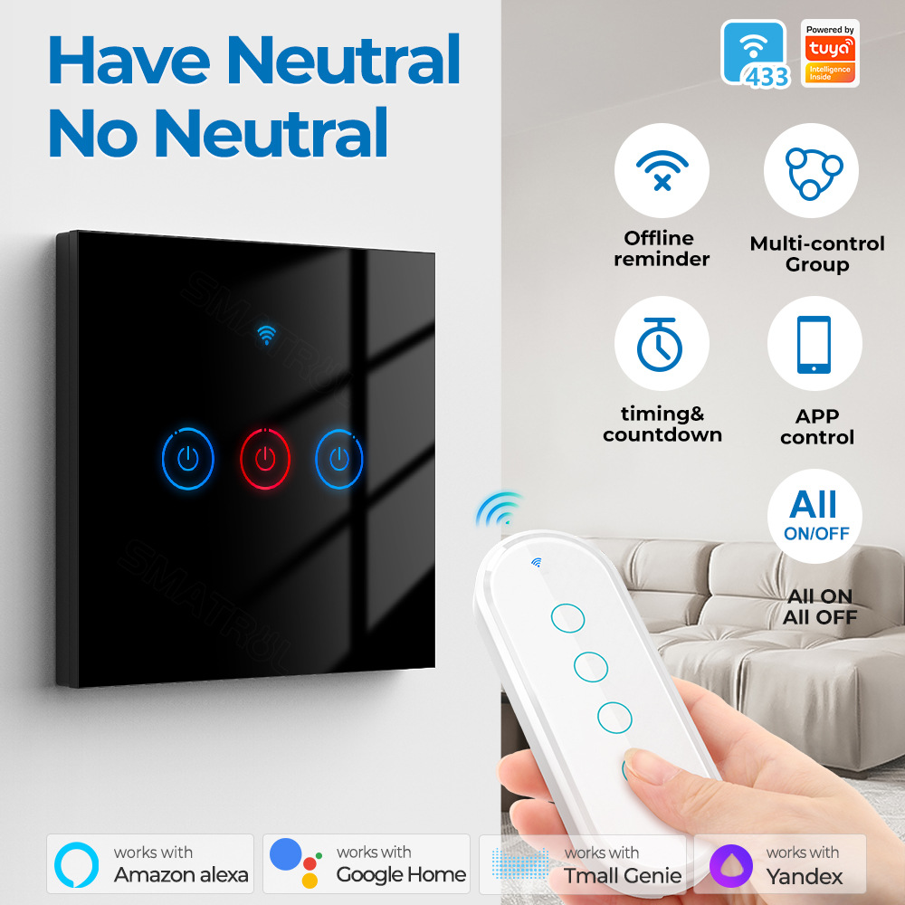 Doodle Smart Home WiFi Touch Wall Switch Dim Light Single Live Neutral Universal Remote APP Voice Timing Remote Control