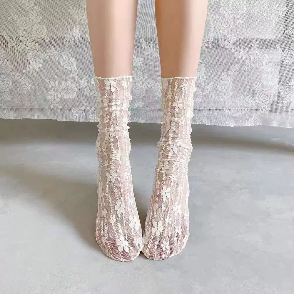 蕾丝花朵网纱透气袜子女小清新中筒袜新款网眼日系jk甜美堆堆袜