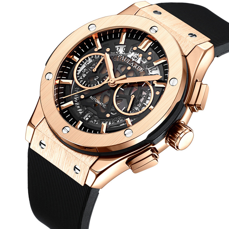 Imitation Automatic Mechanical Rubber Band Multi-Function Running Second Timing Rose Gold Quartz Men's Watch Watch