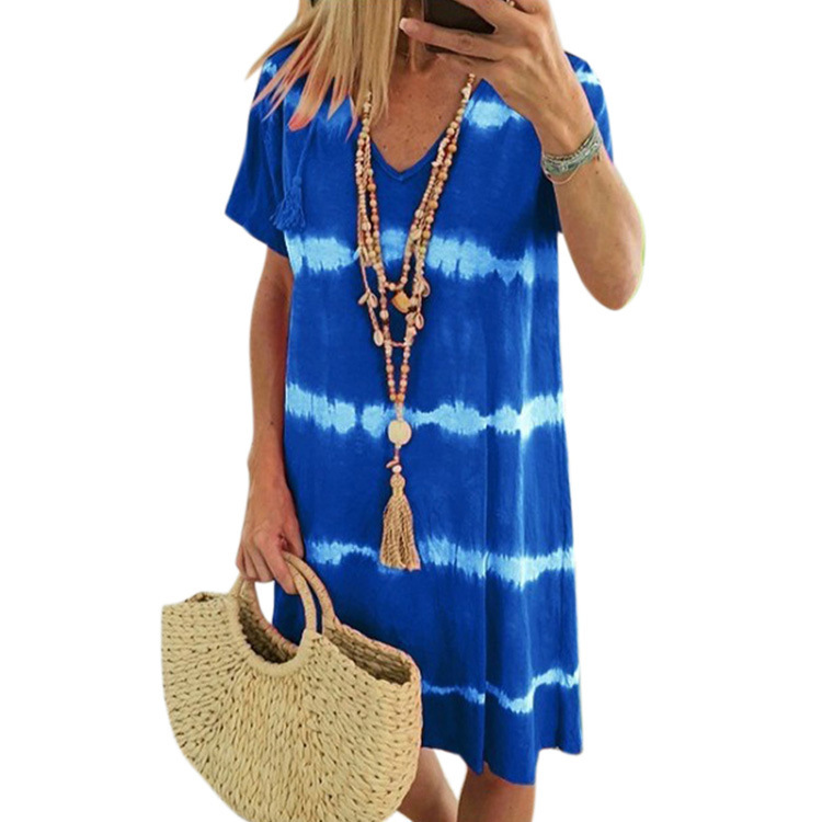 Walmart Cross-border Summer V-neck Striped Printed Tie-dye Short-sleeve Dress For Women In European_ecoleips.com