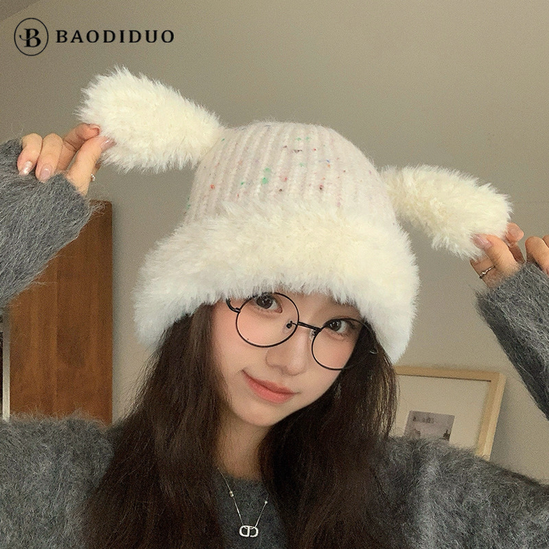 毛绒兔耳朵毛线针织帽子女秋冬季显脸小毛绒可爱保暖大头围护耳帽|undefined