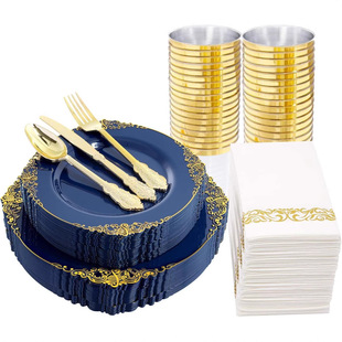 175 pieces disposable tableware embossed dragon pattern Blue golden edge plate wine glass knife fork spoon PS hard plastic color suit