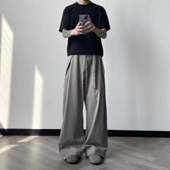 高級アセテートウール混リネン柄プリーツ「Zazen」ルーズカミーズパンツストレートワイドパンツ