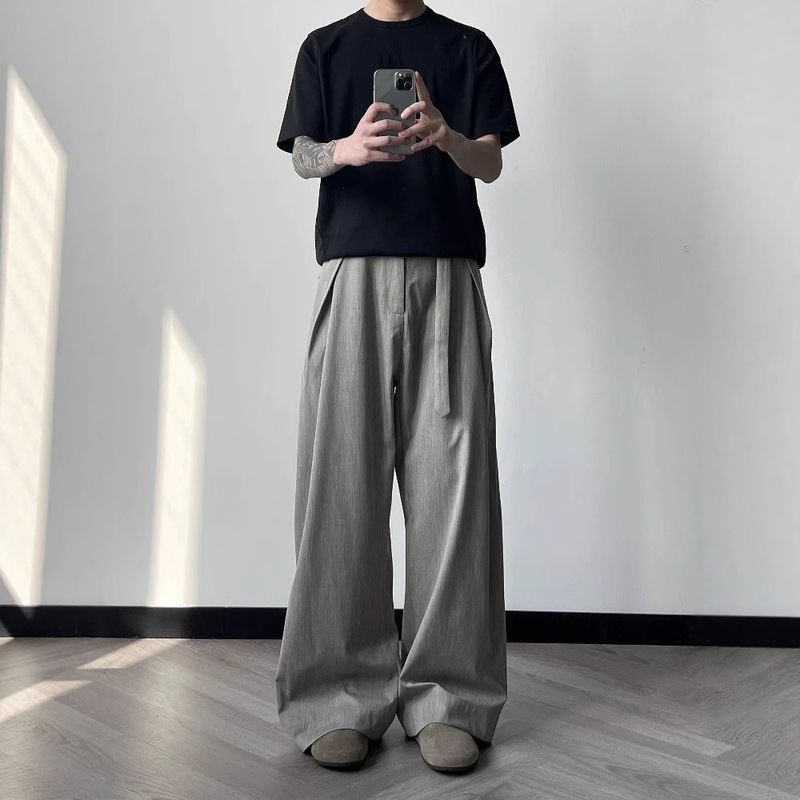 High-Quality Acetate Wool Blend Linen Pleated "Meditation" Loose Robe-Style Straight Wide-Leg Trousers
