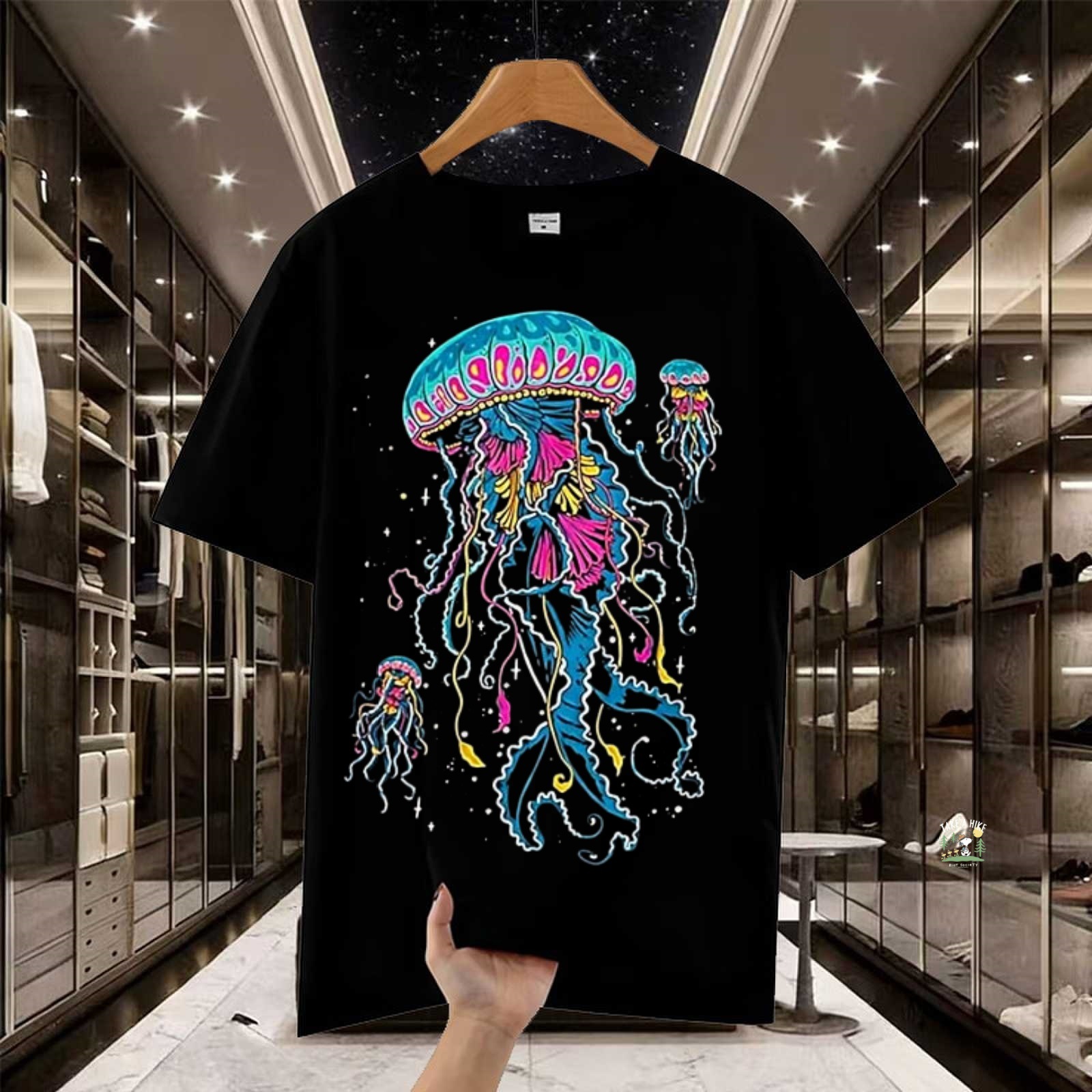 2026 Neon Jellyfish Printed Short-sleeved T-shirt, American Retro Street Style Men's And Women's Same Top_viptrois.com