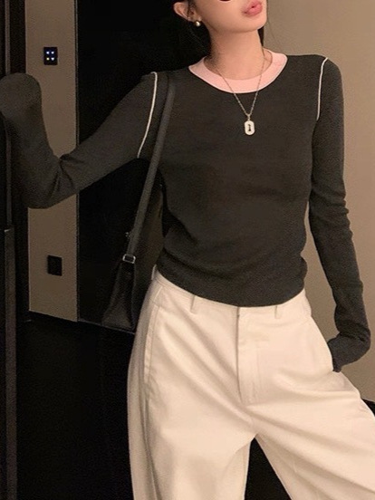 欧阳家 撞色针织衫女冬季新款圆领内搭打底衫修身显瘦长袖上衣|undefined