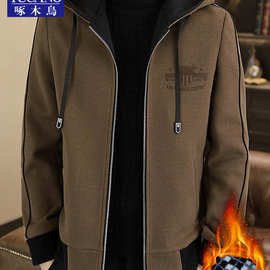 啄木鸟高端毛呢外套男士短款春秋季新款休闲连帽夹克冬装呢子大衣
