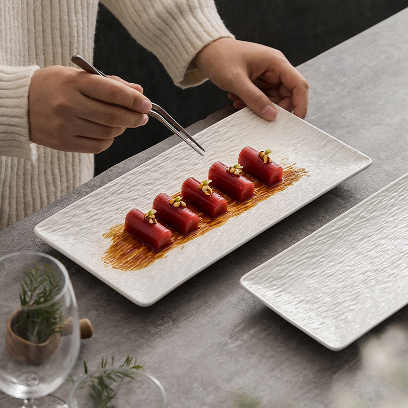 セラミックプレート、家庭用ディッシュプレート、浅いプレート、クリエイティブホテル食器、石模様の長方形プレート、マットな洋食ディナープレート、フラットプレート|undefined