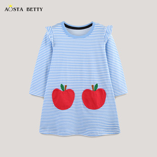25 New Autum Girls' Dresses European and American Style Patch Princess Dress Cartoon Stripesd Flying Sleeve Children's Dress Drop Shipping