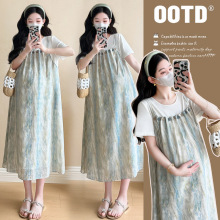 2025春夏季新款孕妇装小个子韩版大码胖妹妹拼接雪纺慵懒风连衣裙