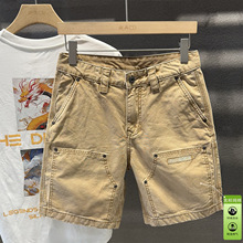 帆布休闲短裤男潮牌宽松直筒土黄色时尚拼接耐磨半腿五分中裤