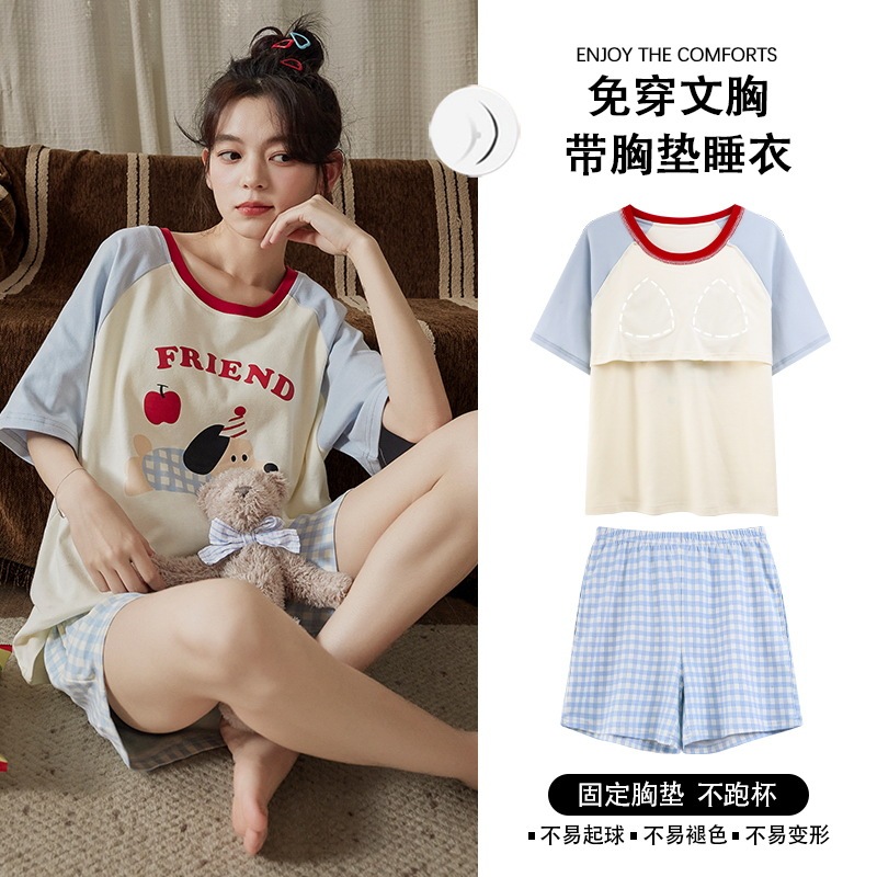 Pajamas with Breast Pads for Women 2026 New Summer Short-Sleeved Shorts Thin Cartoon Outerwear Cotton Home Wear Set