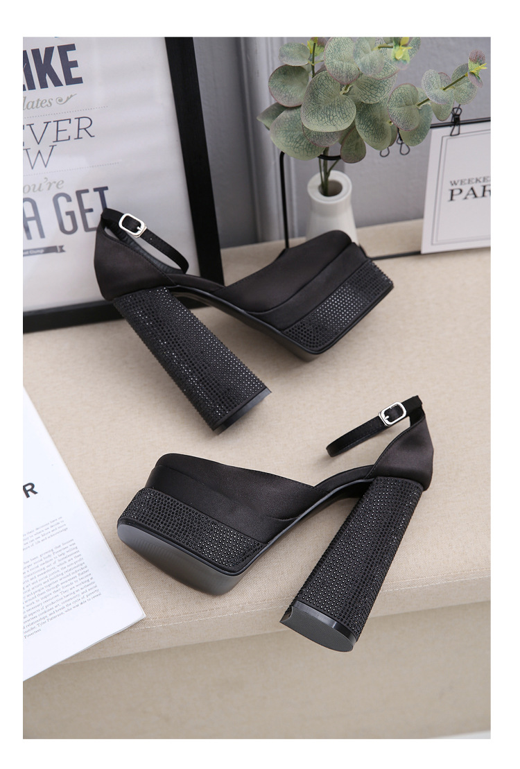 Giày cao gót sandal nữ đính đá rhinestone, đế platform, quai satin, phù hợp dự tiệc và trình diễn thời trang — Màu đen chi tiết 21
