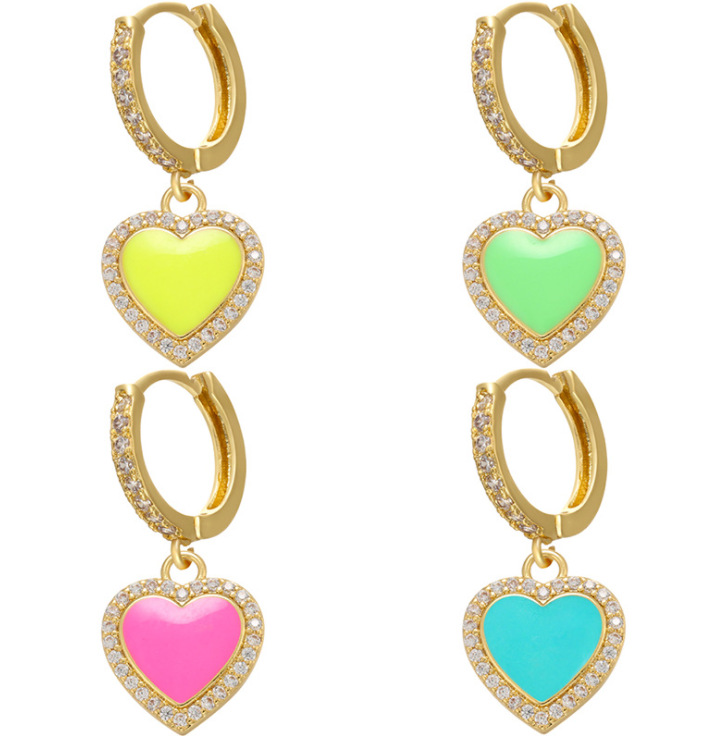 10g Weight Zircon Inlay Material Earrings Classification Color Dripping Oil Earrings Heart Zircon Copper Earrings Cross-border Jewelry Accessories Wholesale