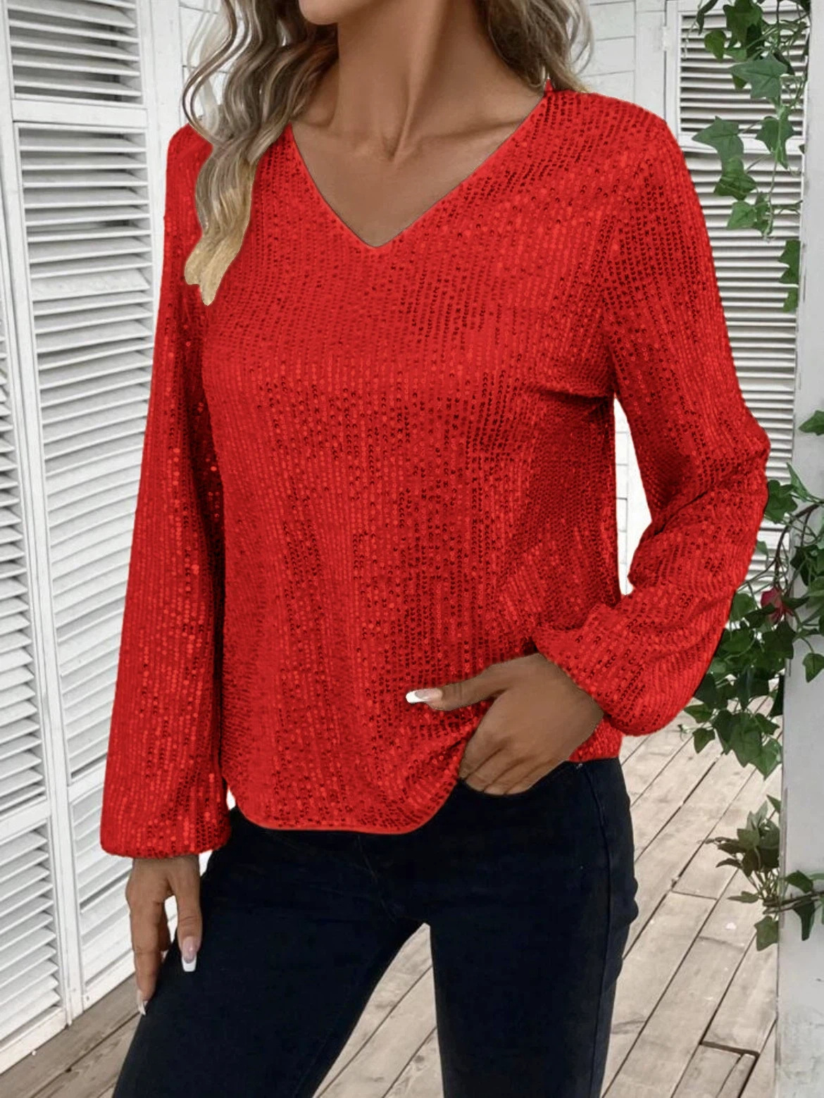 Elegant Women's V-neck Sequin Tunic Top, Long Sleeve Glitter Tee_voghion.com