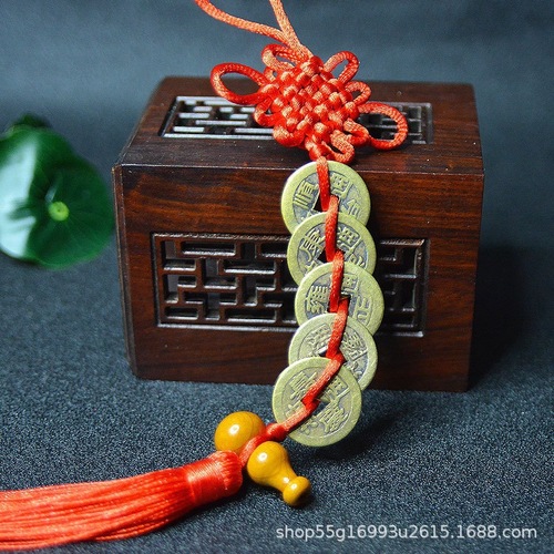 Wholesale Factory Copper Coin Five Emperors Coin Pendant Chinese Knot Car Ornament Feng Shui Decorative Item Peach Wood Craftsmanship