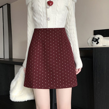 秋冬韩版复古牛仔布chic保暖圆点点紧身裙A字半身裙