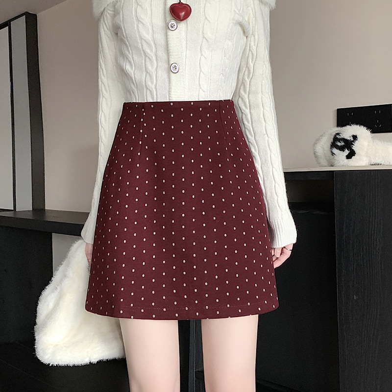 秋冬韩版复古牛仔布chic保暖圆点点紧身裙A字半身裙
