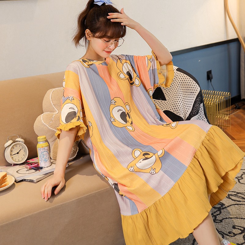 娜新元睡裙女夏季薄款棉质睡衣女士甜美日系可爱学院风大码家居服|ru