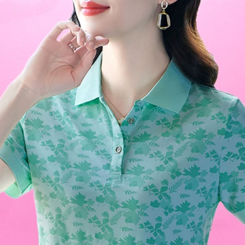 High-quality quick-drying short-sleeved women's t-shirt, new summer style, fashionable polo collar top for middle-aged mothers.