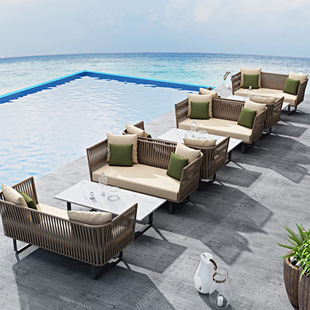 Outdoor Rattan Sofa Waterproof Sunscreen Patio Terrace Balcony Leisure Rattan Chair Sofa Two-Seat Rattan Sofa Furniture