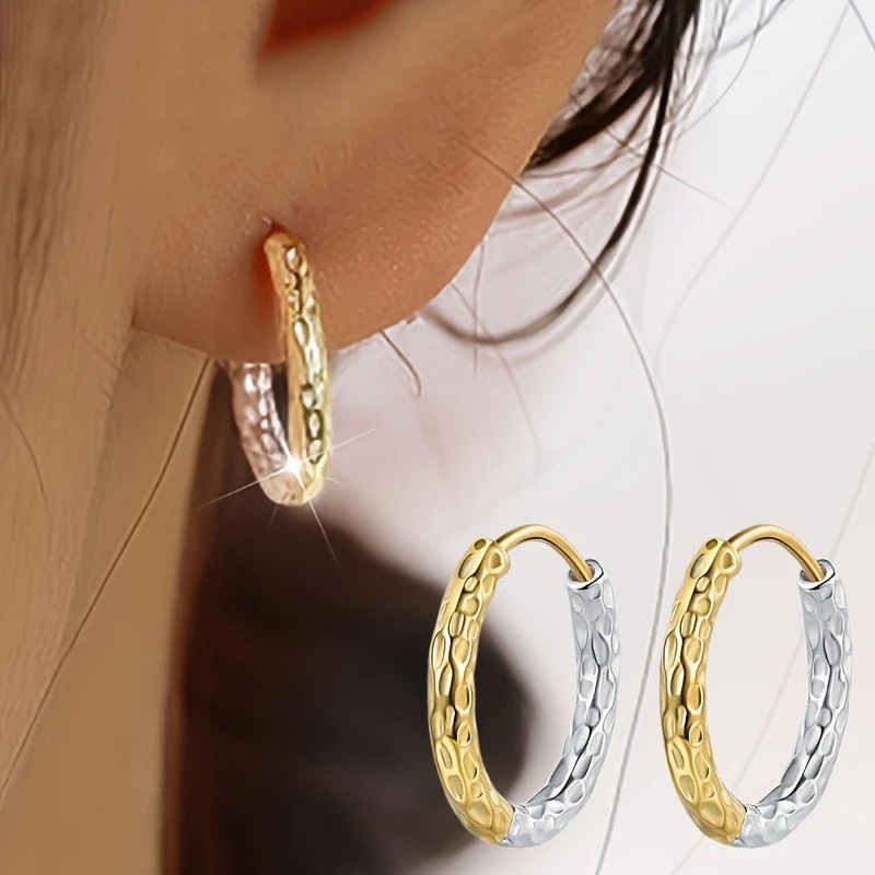 Gold And Silver Two-tone Textured Hoop Earrings For Women_voghion.com