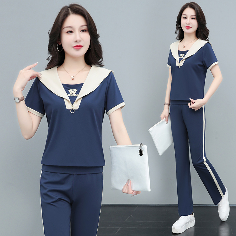Ice Silk Quick-Drying Fake Two-Piece Navy Collar Fashion Casual Sports Suit Women's Summer Mother's Wear Contrasting Collar Two-Piece Set