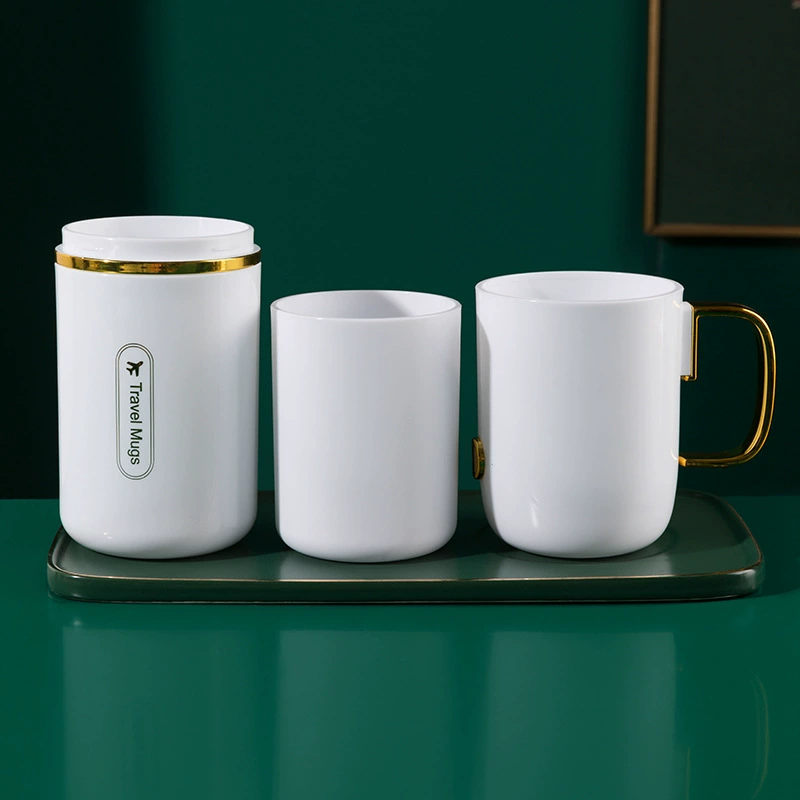 Travel Mouthwash Cup Set, PP with Gold Trim, 2‑ or 3‑Cup Portable Toothbrush Storage (22.5×8×7.5 cm)