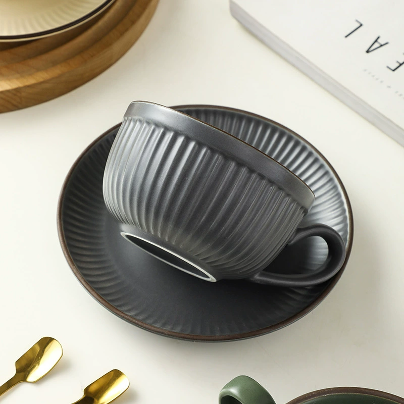 Color glaze vertical pattern retro old cup ceramic coffee cup mug breakfast cup 2023 new women's cup and saucer-2