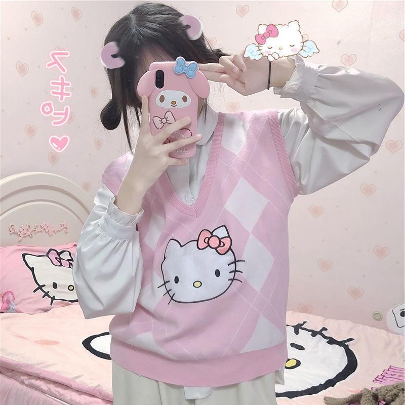 2023 New Autumn/Winter Student Kitty College Style V-neck Knitted Vest/Vest Cardigan for Women, Loose Fit Sweater