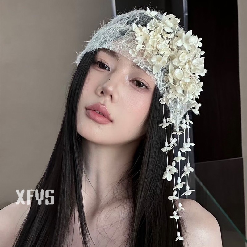 Retro French Lace Headpiece with Super Fairy-Like Floral Tassels, a Stylish and Elegant Bridal Dress Accessory