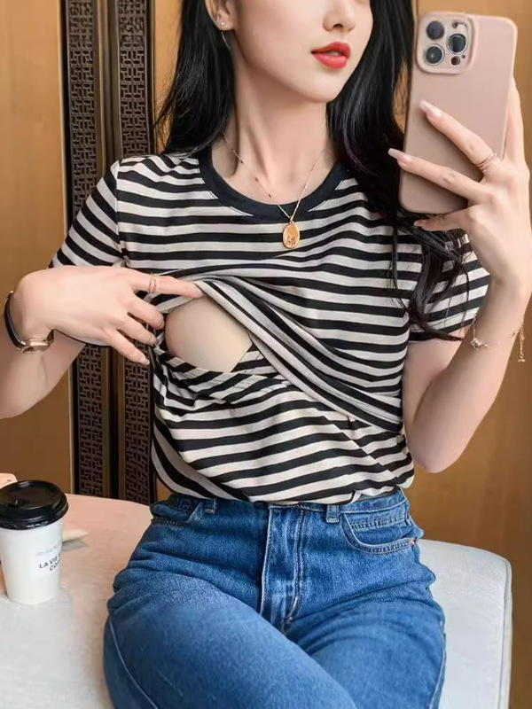 New Pure Cotton Nursing Shirt for Summer, Slim-Fit Striped Short-Sleeve T-Shirt Top for Women, Postpartum Maternity Wear New Pure Cotton Nursing Shirt for Summer, Slim-Fit Striped Short-Sleeve T-Shirt Top for Women, Postpartum Maternity Wear