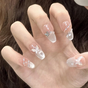 Tiktok Trending Handmade Gradient Chain French Cat Eye Nail Art 3D Relief Crushed Diamond Butterfly Nail Stickers