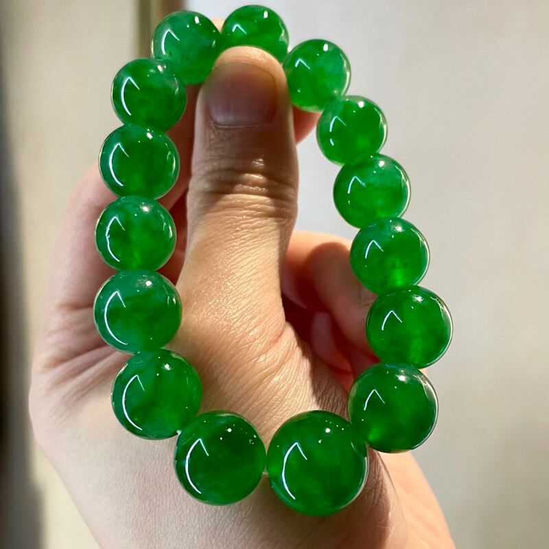 Ice Yang Green Jade Bracelet Round Bead String Myanmar Natural A Goods Old Keng Emperor Full Green Bead Chain Bracelet for Men and Women