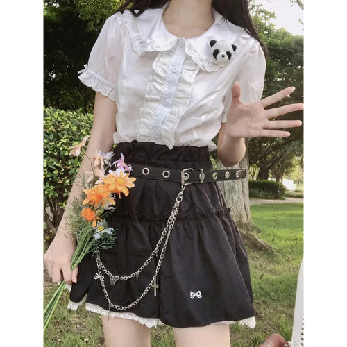 Sweet Little Girl's White Collared Shirt, Trendy Edge Short Sleeve Top, New Style for 2025