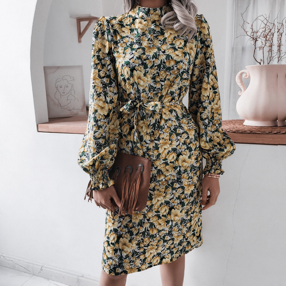 Floral Stand Collar Lantern Long Sleeve Chiffon Dress NSBJ98851