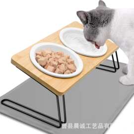 跨境木质宠物碗架铁木结合斜口宠物食盆喂食器饮水架增高猫碗架