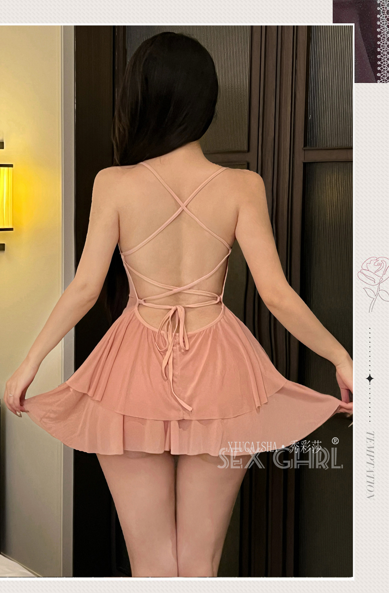 Sheer Mesh Lace-Up Babydoll Set with Backless Design, Black, One Size — detail image 7