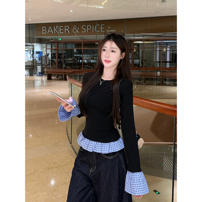秋冬休闲收腰显瘦百搭上衣女ins复古格子拼接假两件长袖圆领T恤潮|undefined